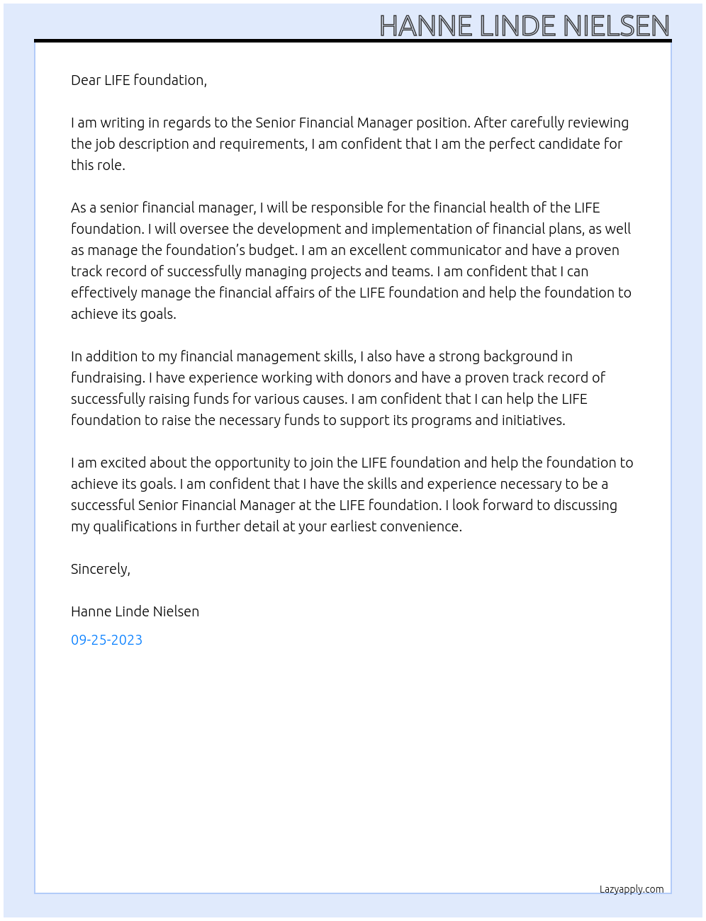 Senior Financial Manager At LIFE foundation Cover Letter