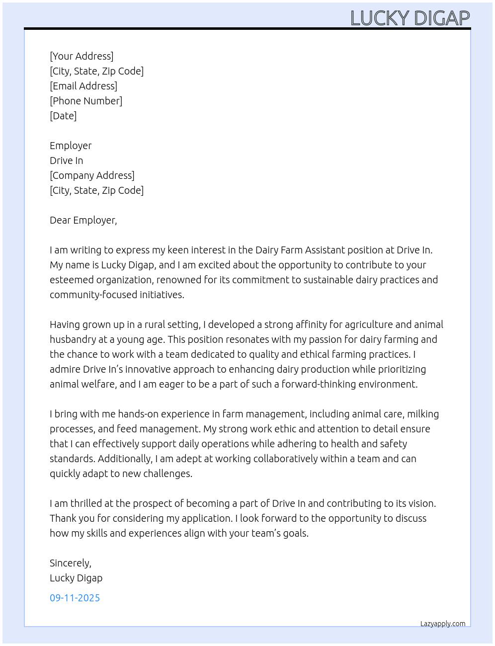 Dairy Farm Assistant At Drive in Cover Letter