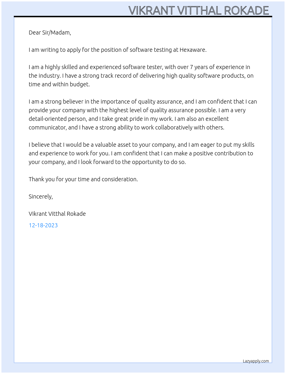 Software testing  At Hexaware Cover Letter
