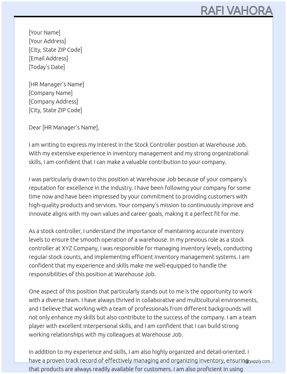 Stock controller At Warehouse job Cover Letter