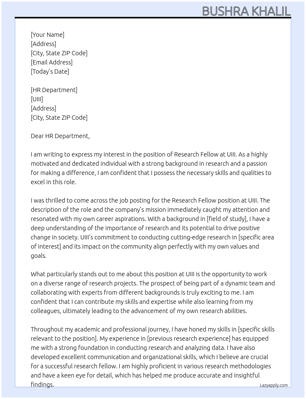 Research Fellow At UIII Cover Letter