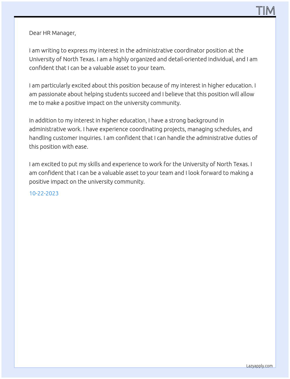 administrative coordinator At university of north texas Cover Letter