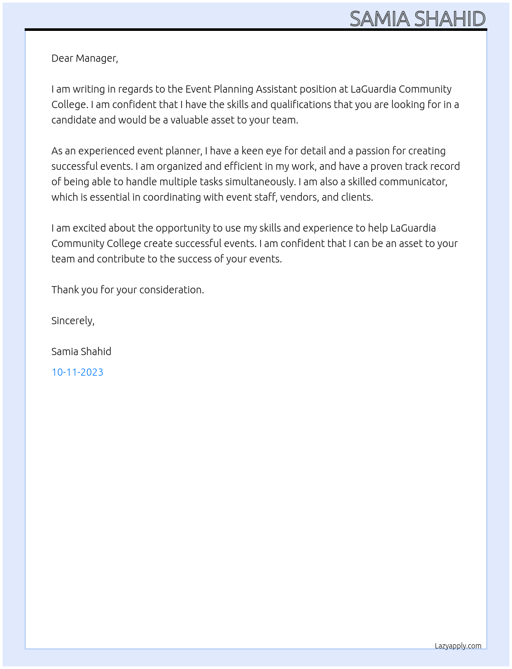 Event Planning Assistant At LaGuardia Community College  Cover Letter