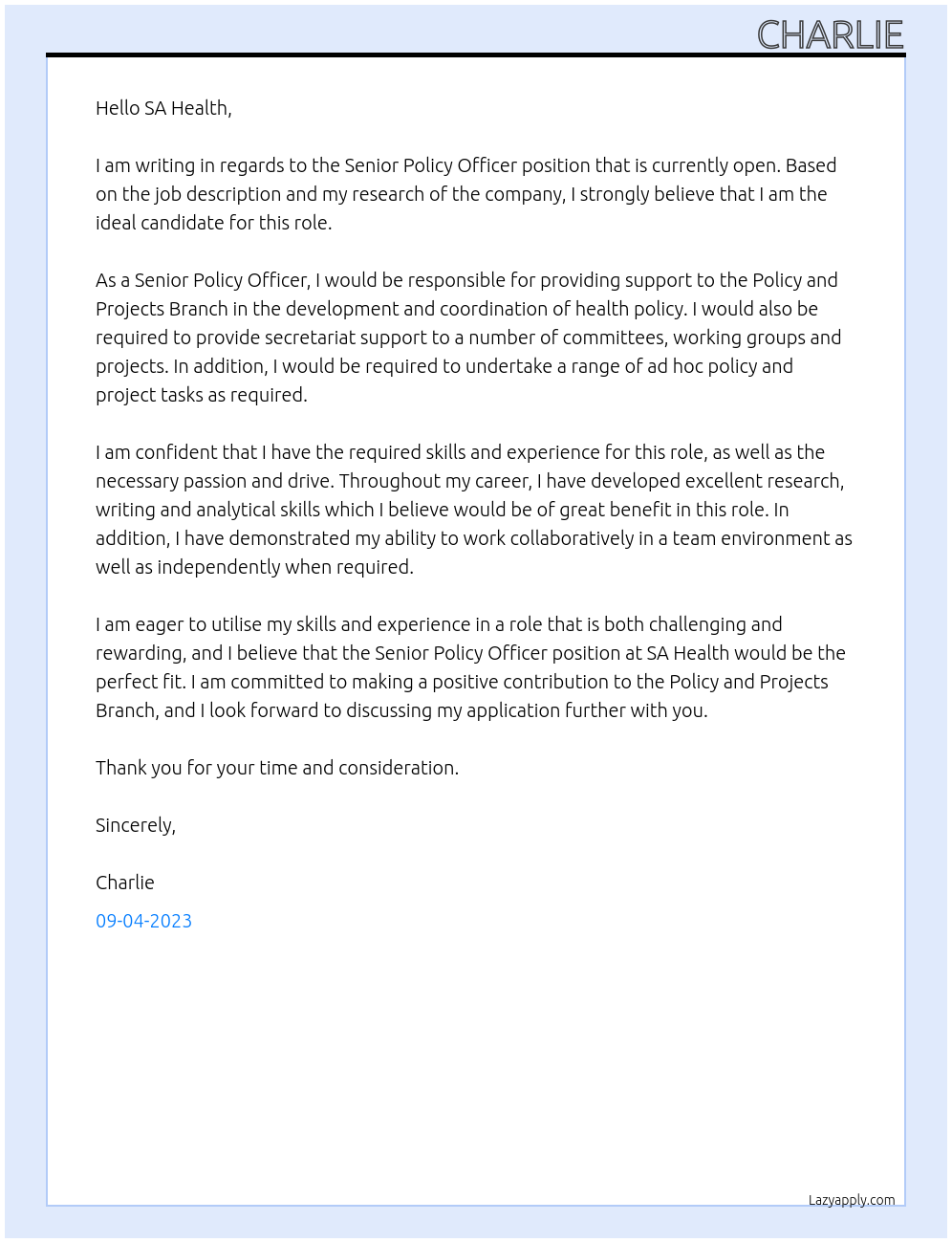 Senior Policy Officer At SA Health Cover Letter