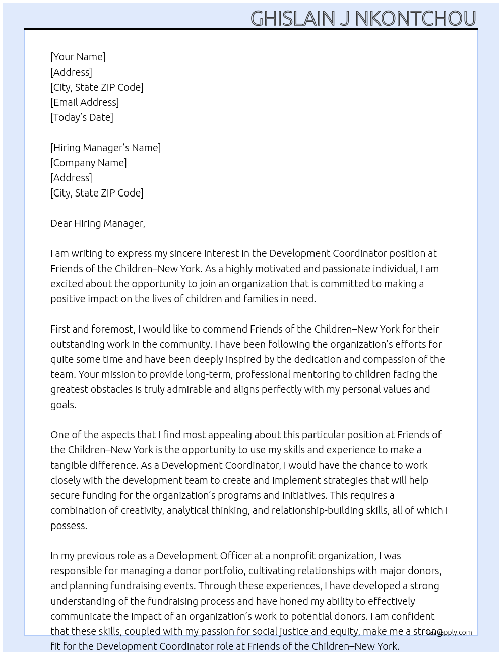 Development Coordinator At Friends of the Children–New York Cover Letter