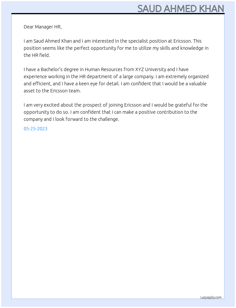 specialist At ericsson Cover Letter