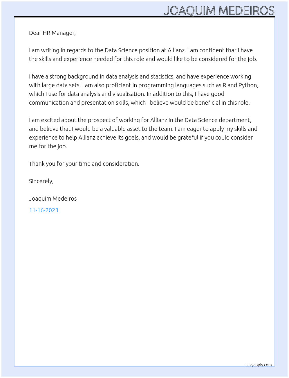Data science At Allianz Cover Letter