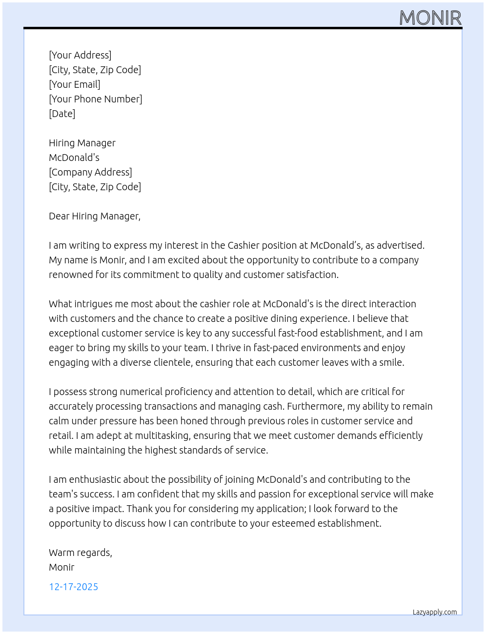 cashier At mcdonalds Cover Letter