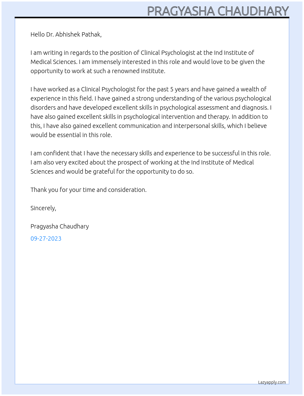 Clinical Psychologist At ind Institute of Medical Sciences Cover Letter