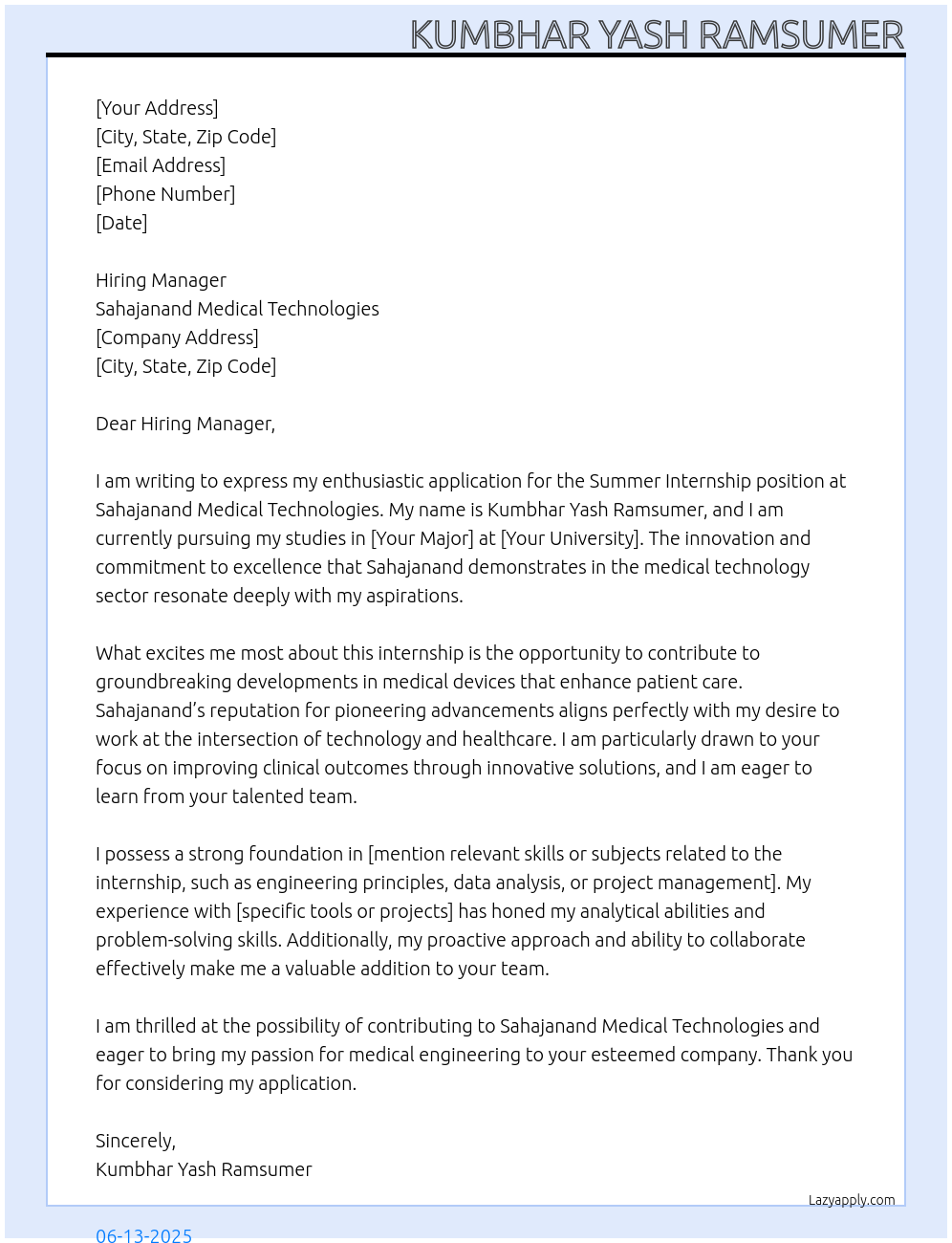Cover letter for summer internship - LazyApply