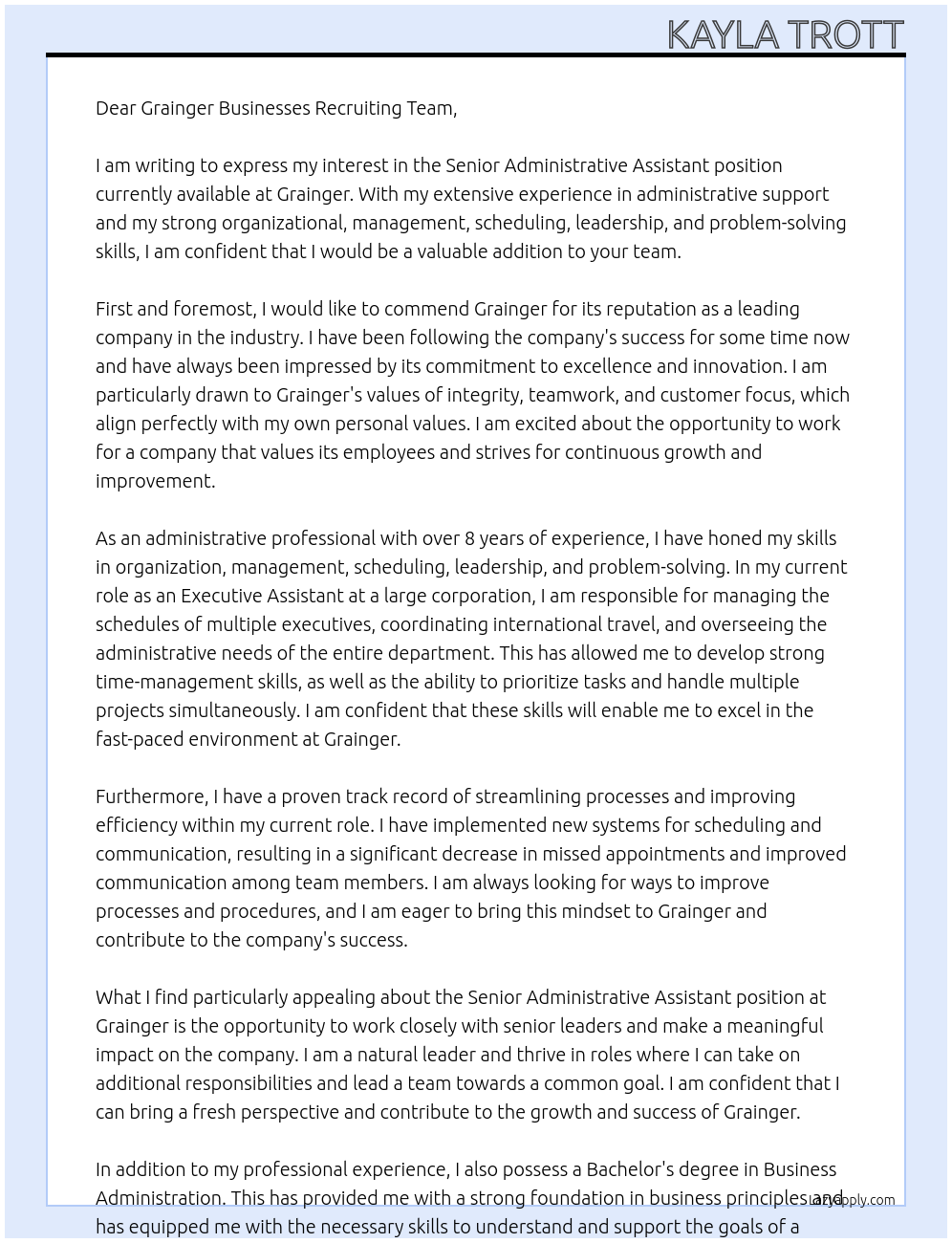 Senior Administrative Assistant At Grainger Cover Letter