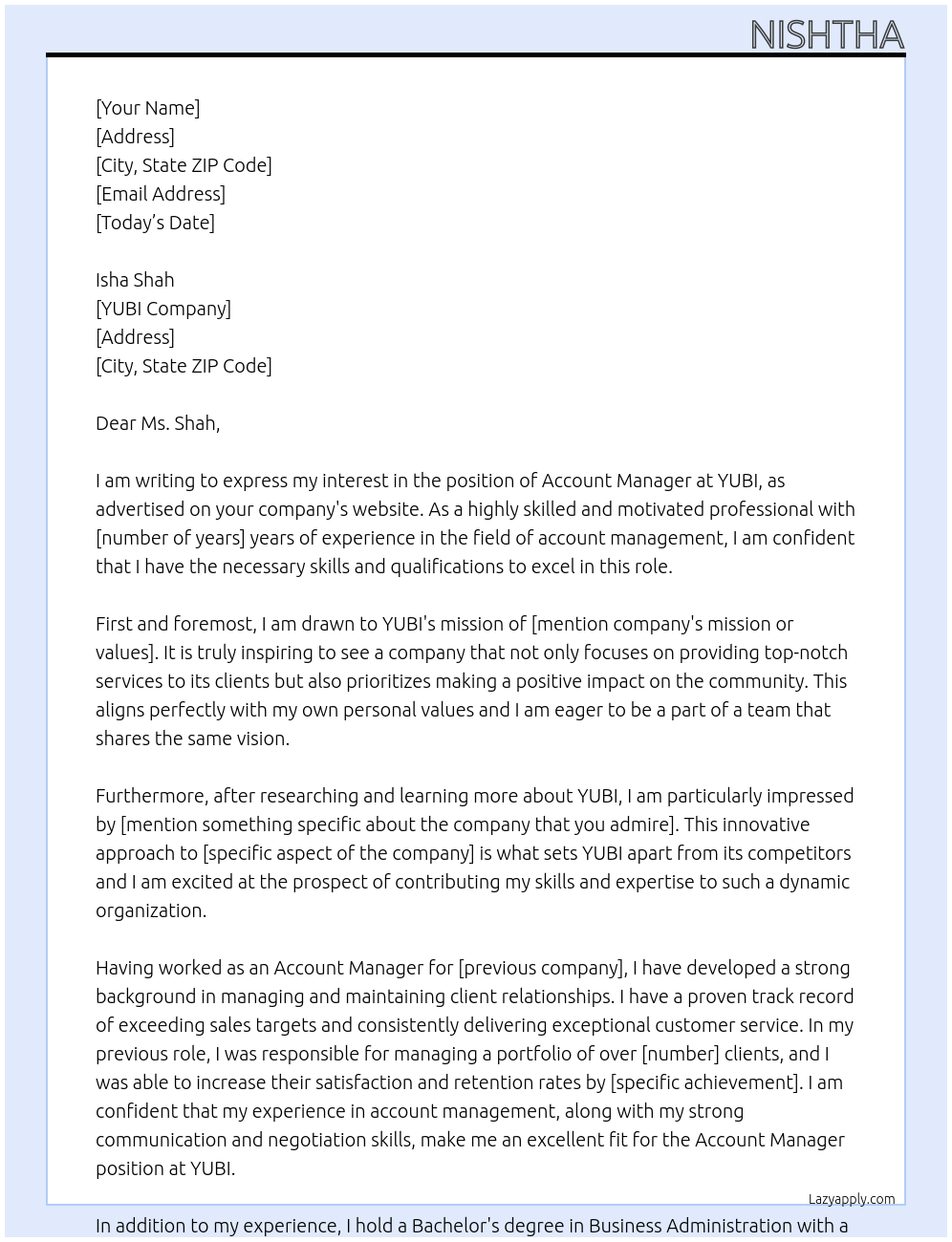Account Manager At YUBI Cover Letter