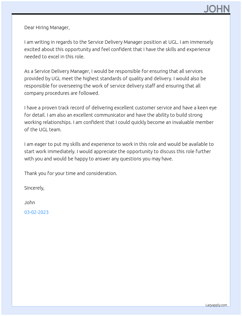 Service delivery manager At UGL Cover Letter