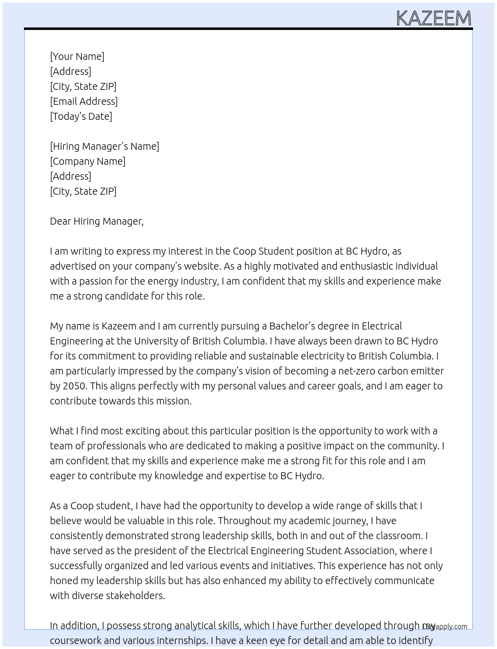 Coop Student At BC Hydro Cover Letter
