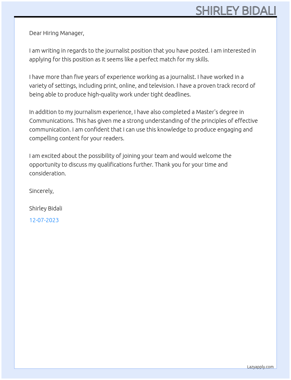 Journalist At n Cover Letter