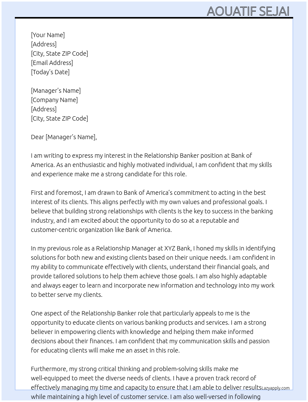 Relationship banker At Bank of America Cover Letter