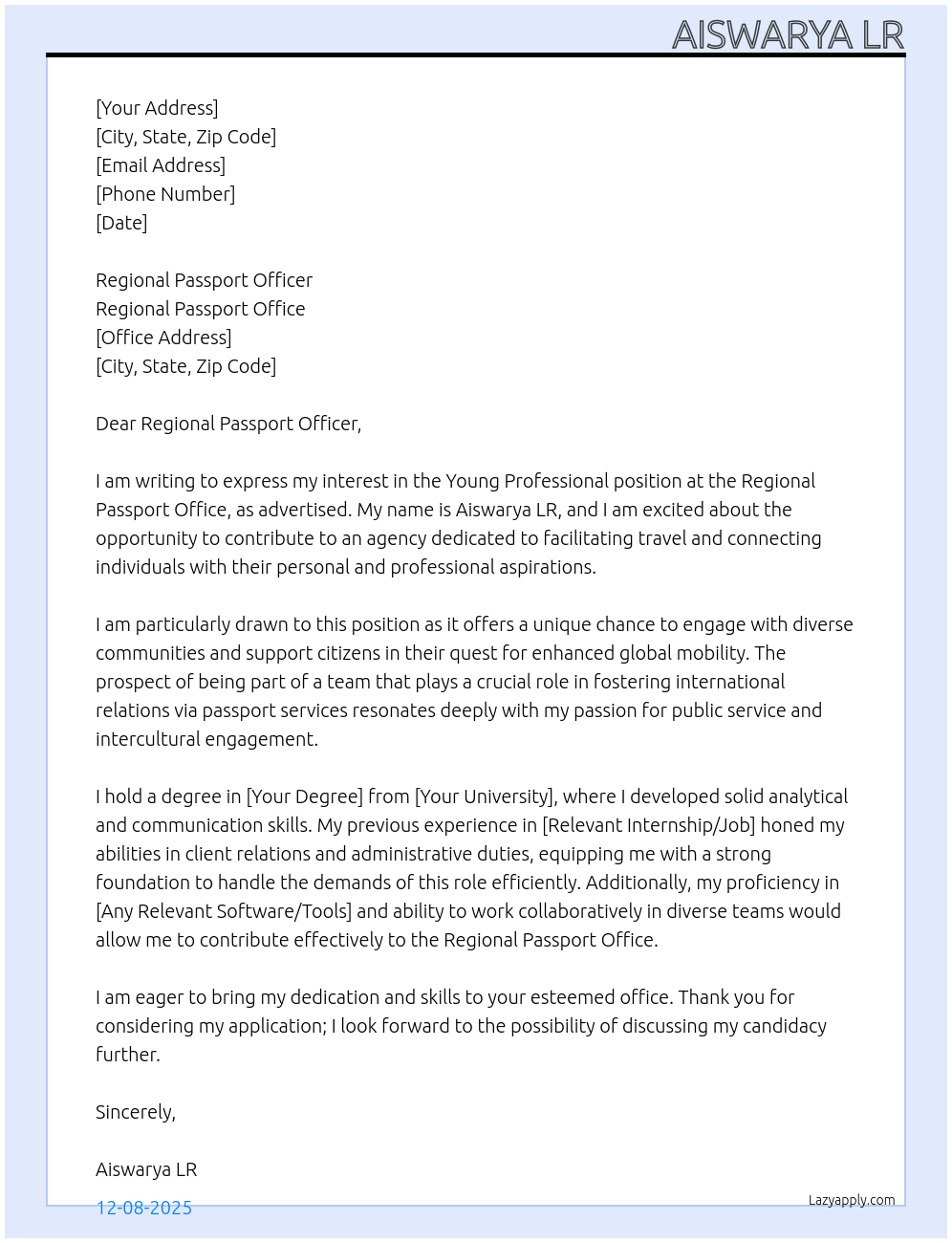 Young Professional At Regional Passport Office Cover Letter