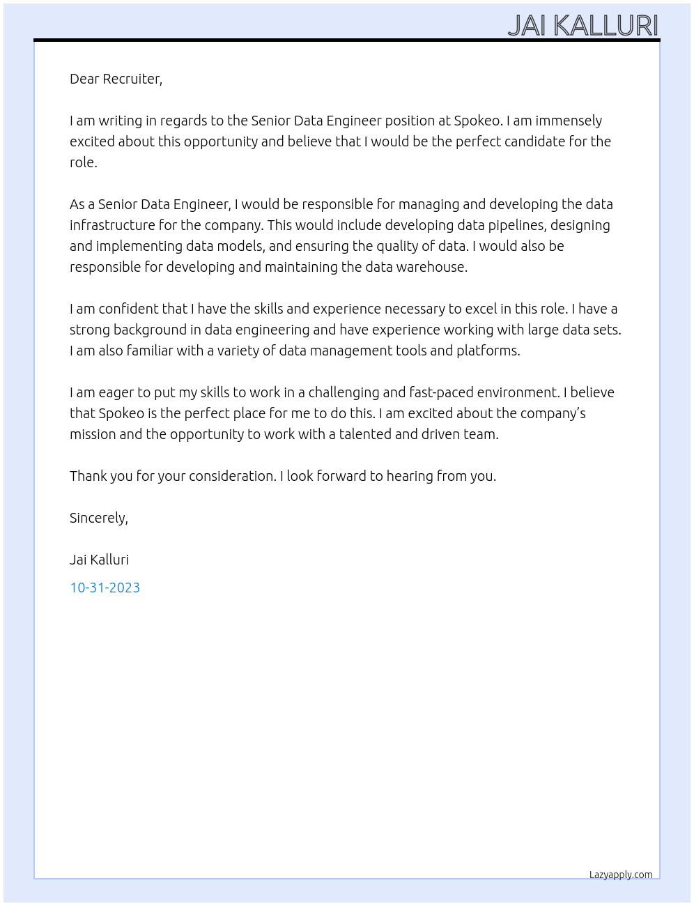 Senior Data Engineer At Spokeo Cover Letter