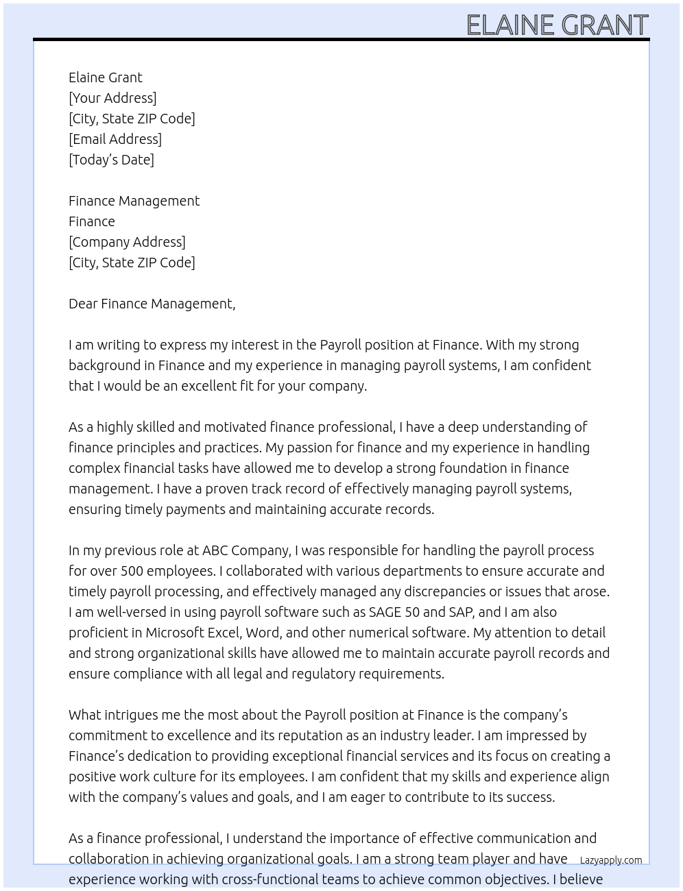 Payroll At Finance Cover Letter