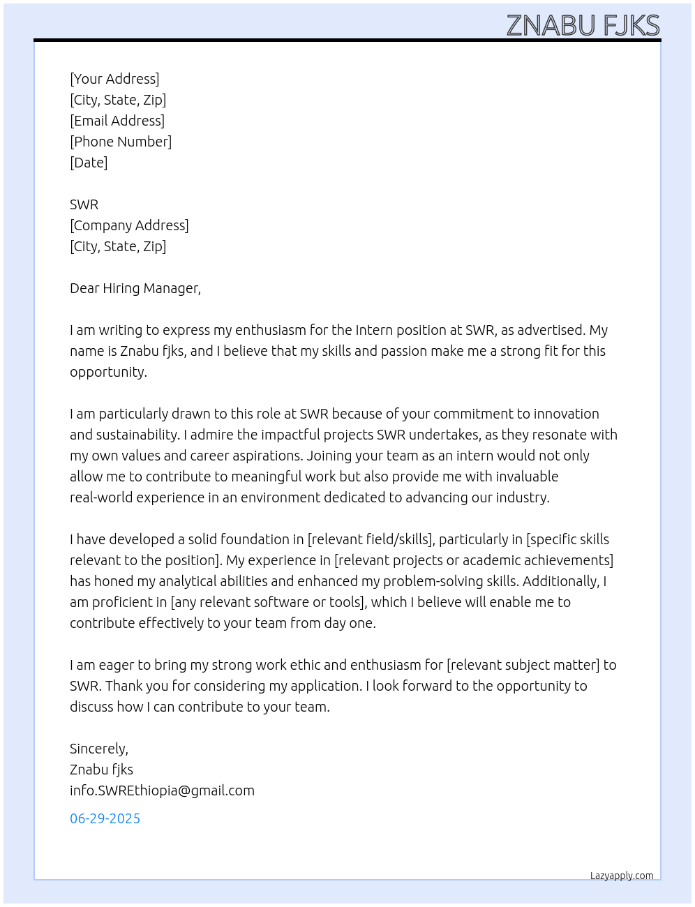 Intern At SWR Cover Letter