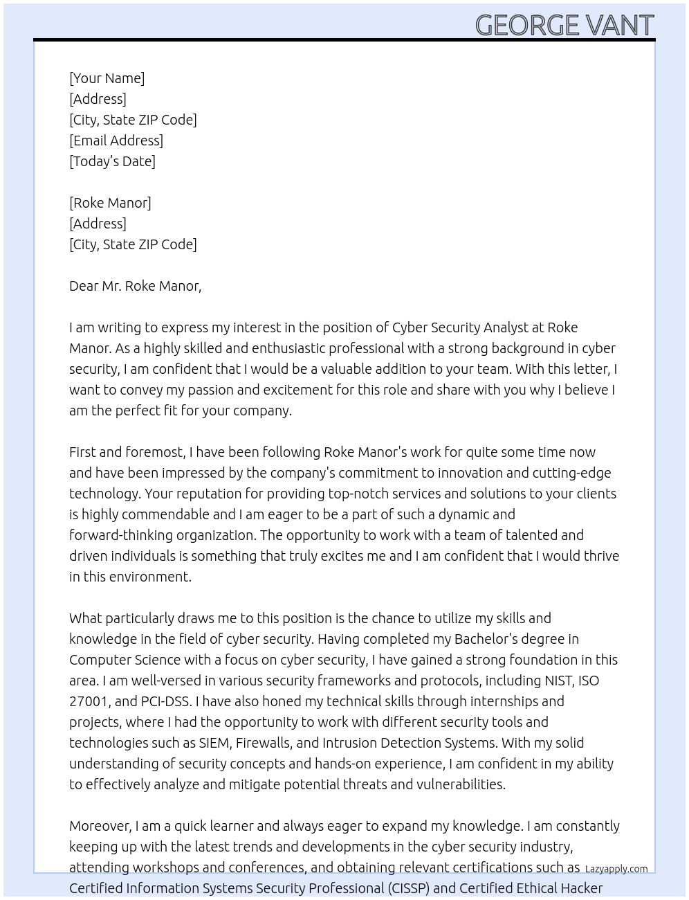 Cyber Security Analyst At Roke Manor Cover Letter