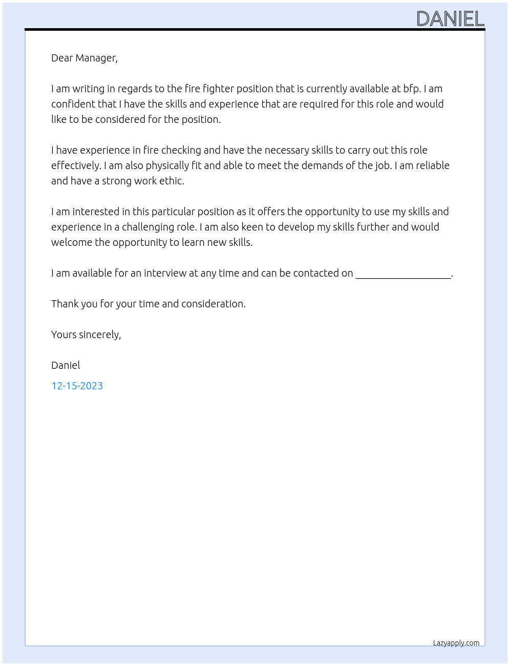 fire fighter At bfp Cover Letter