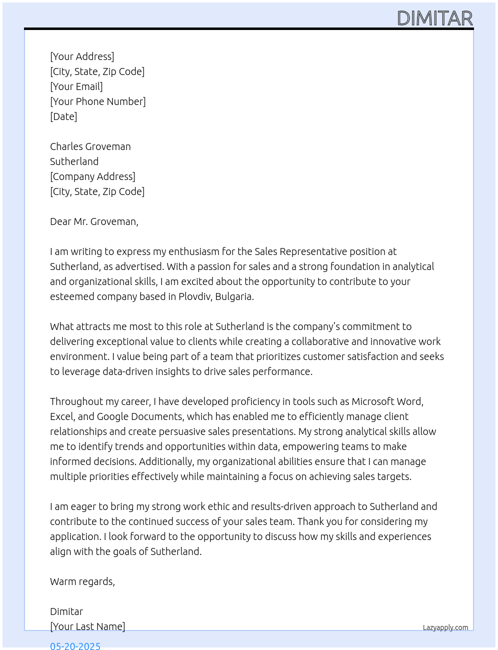 Sales representative At Sutherland Cover Letter