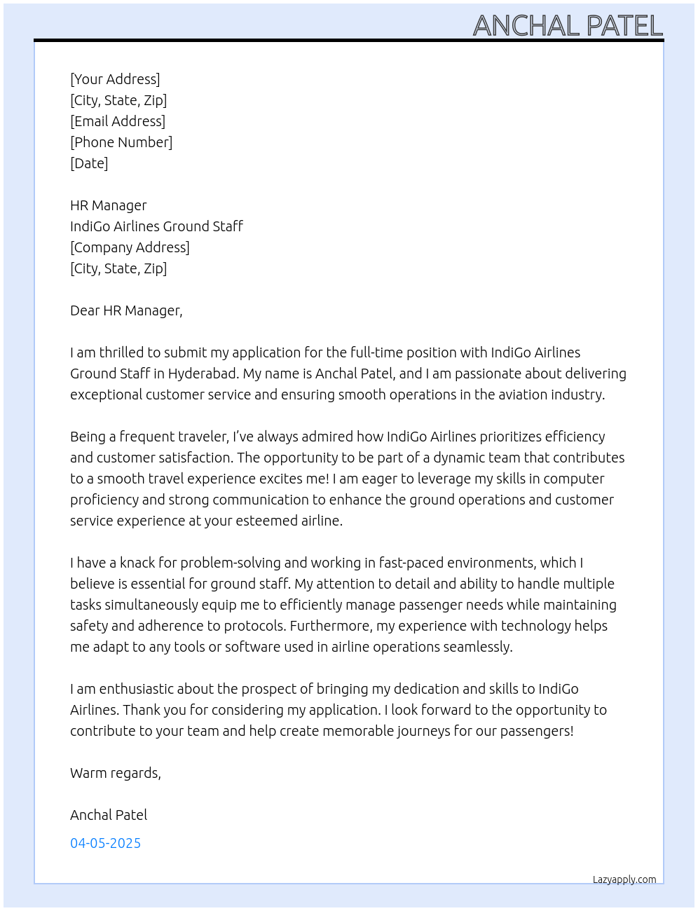 Indigo airlines At Indigo airlines ground staff Cover Letter