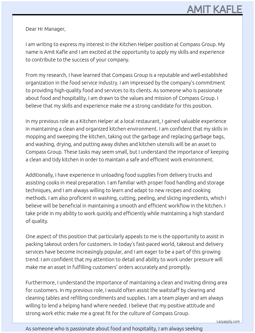 Kitchen helper  At Compass Group  Cover Letter