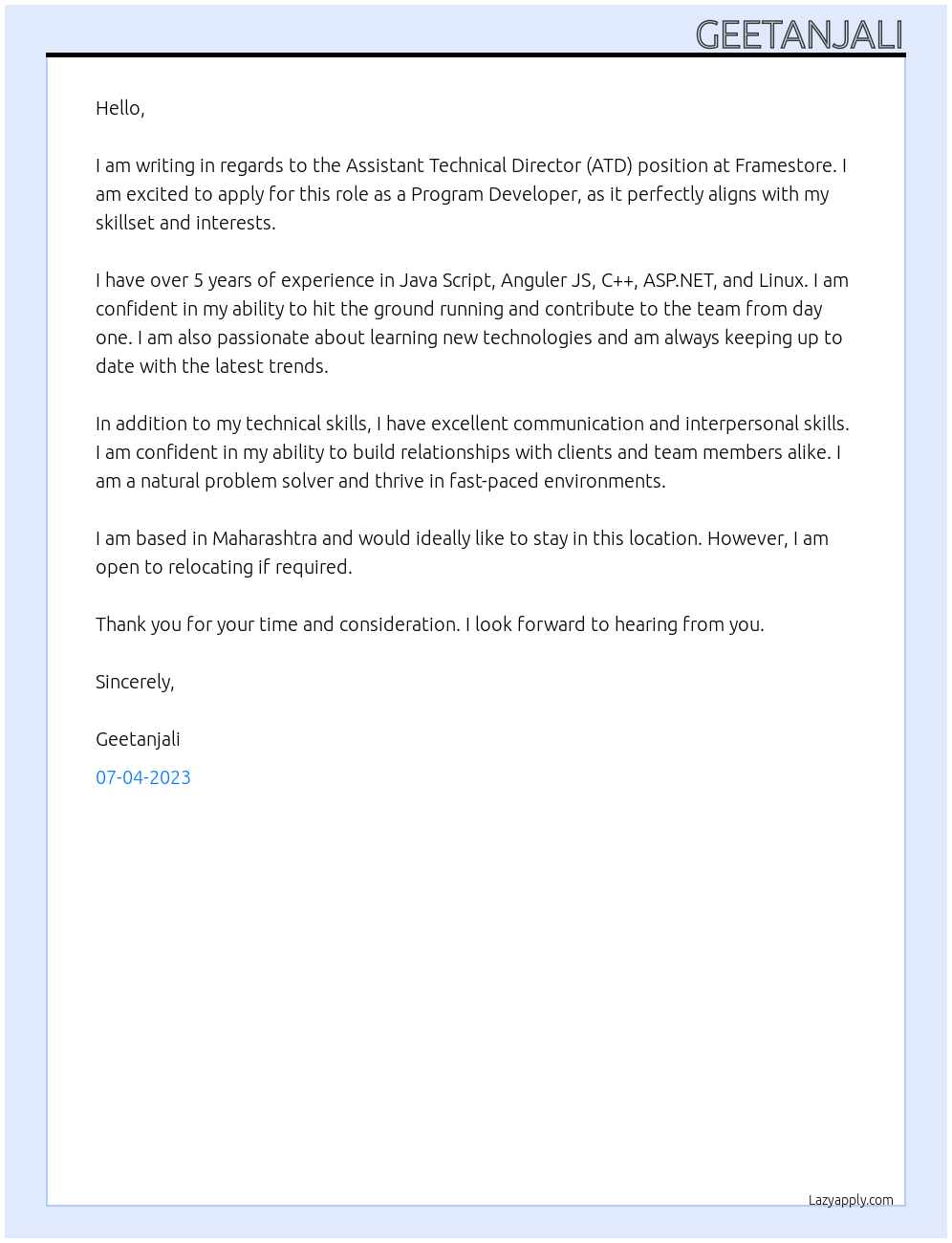program developer At framestore Cover Letter