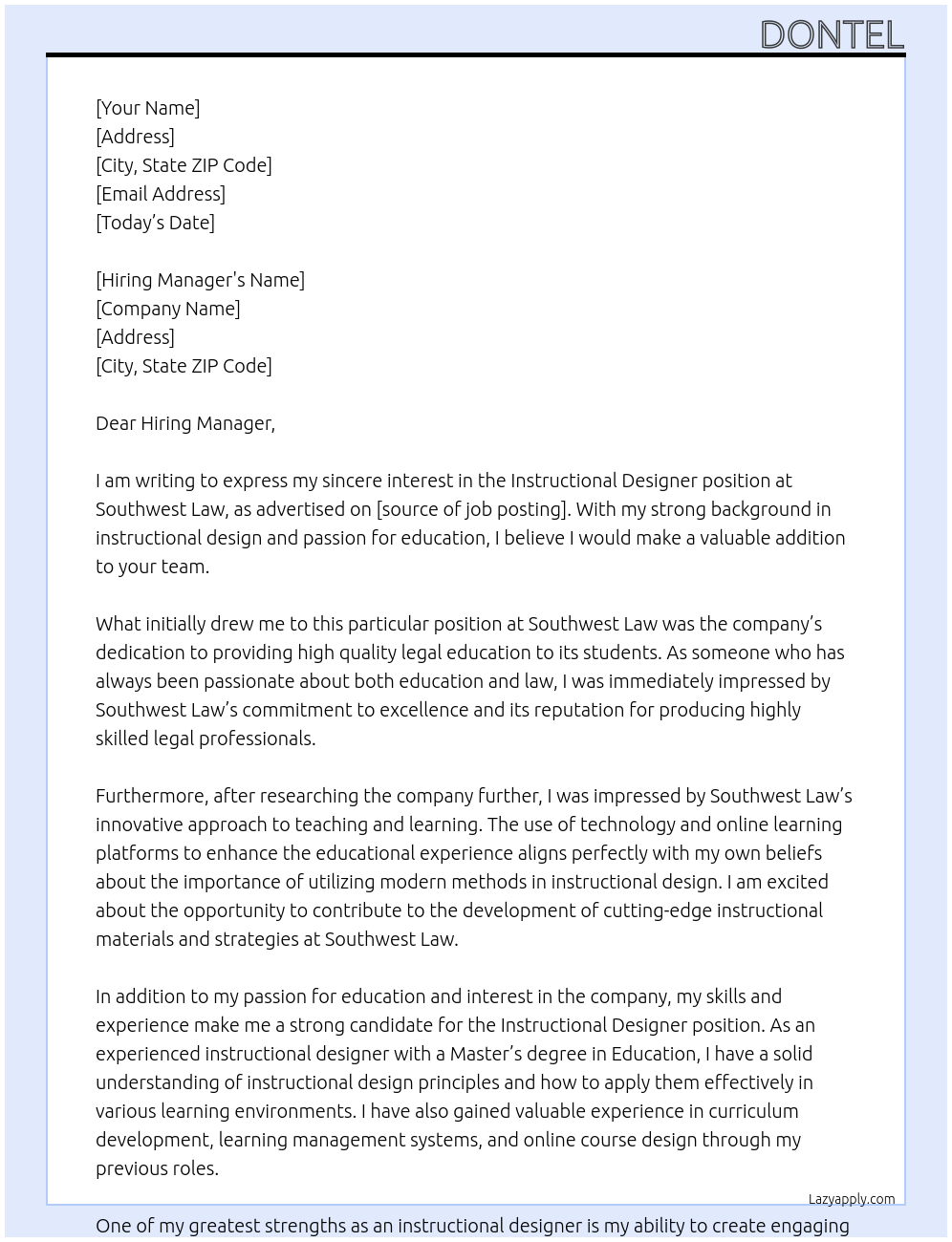 Cover letter for instructional designer - LazyApply