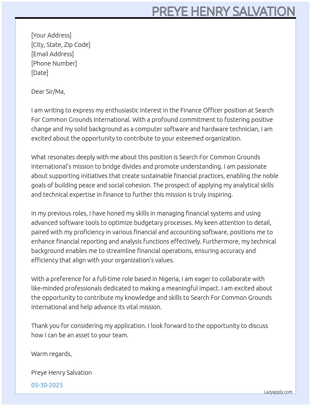 Finance officer At Search For Common Grounds International Cover Letter