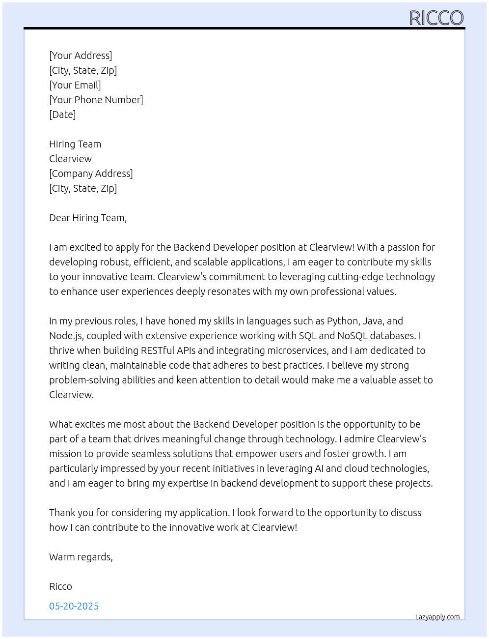 Backend Developer At Clearview Cover Letter