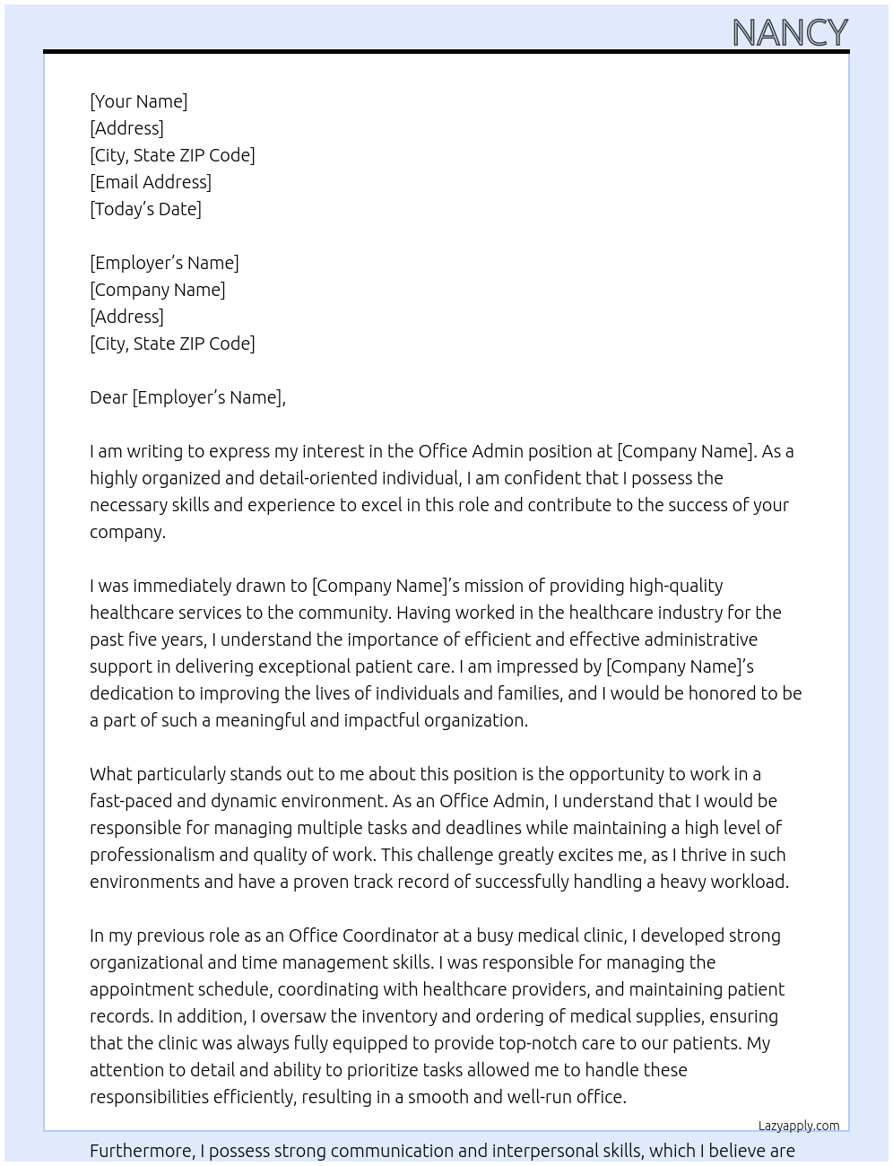 office admin At healthcare Cover Letter