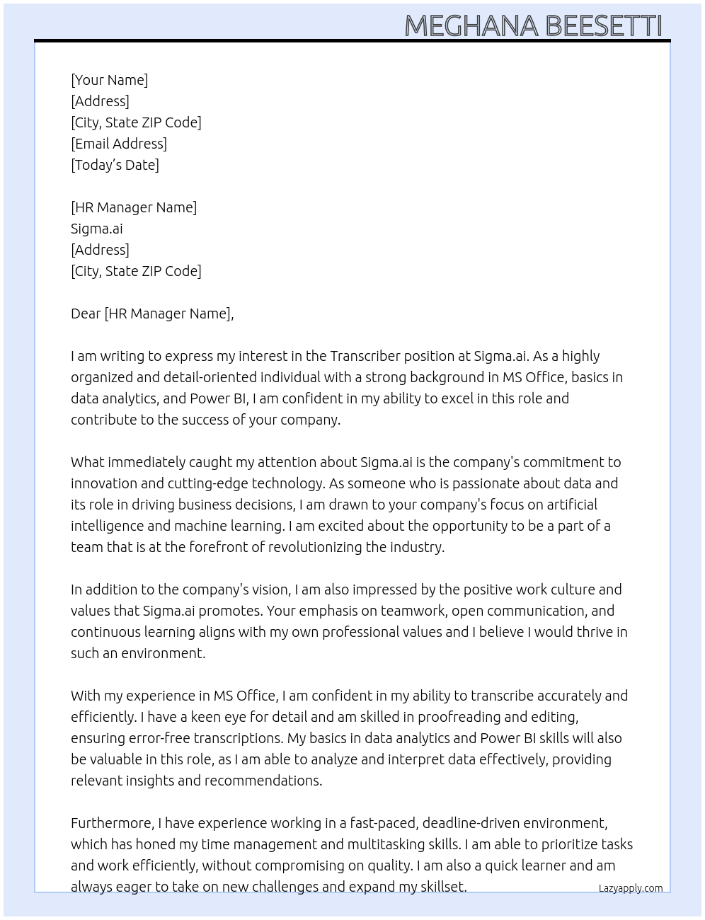 Transcriber At Sigma.ai Cover Letter