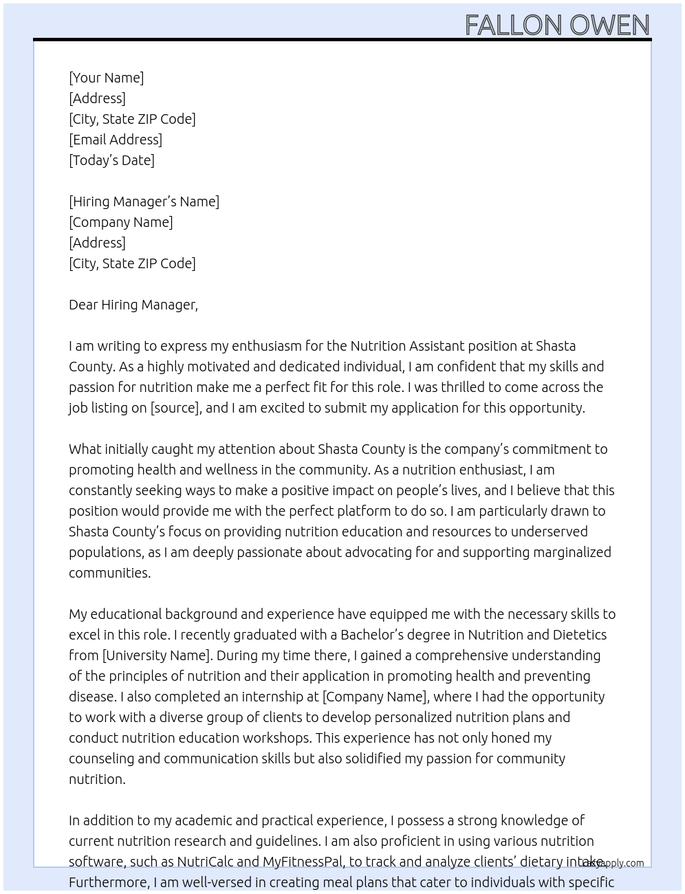 nutrition assistant At Shasta county  Cover Letter