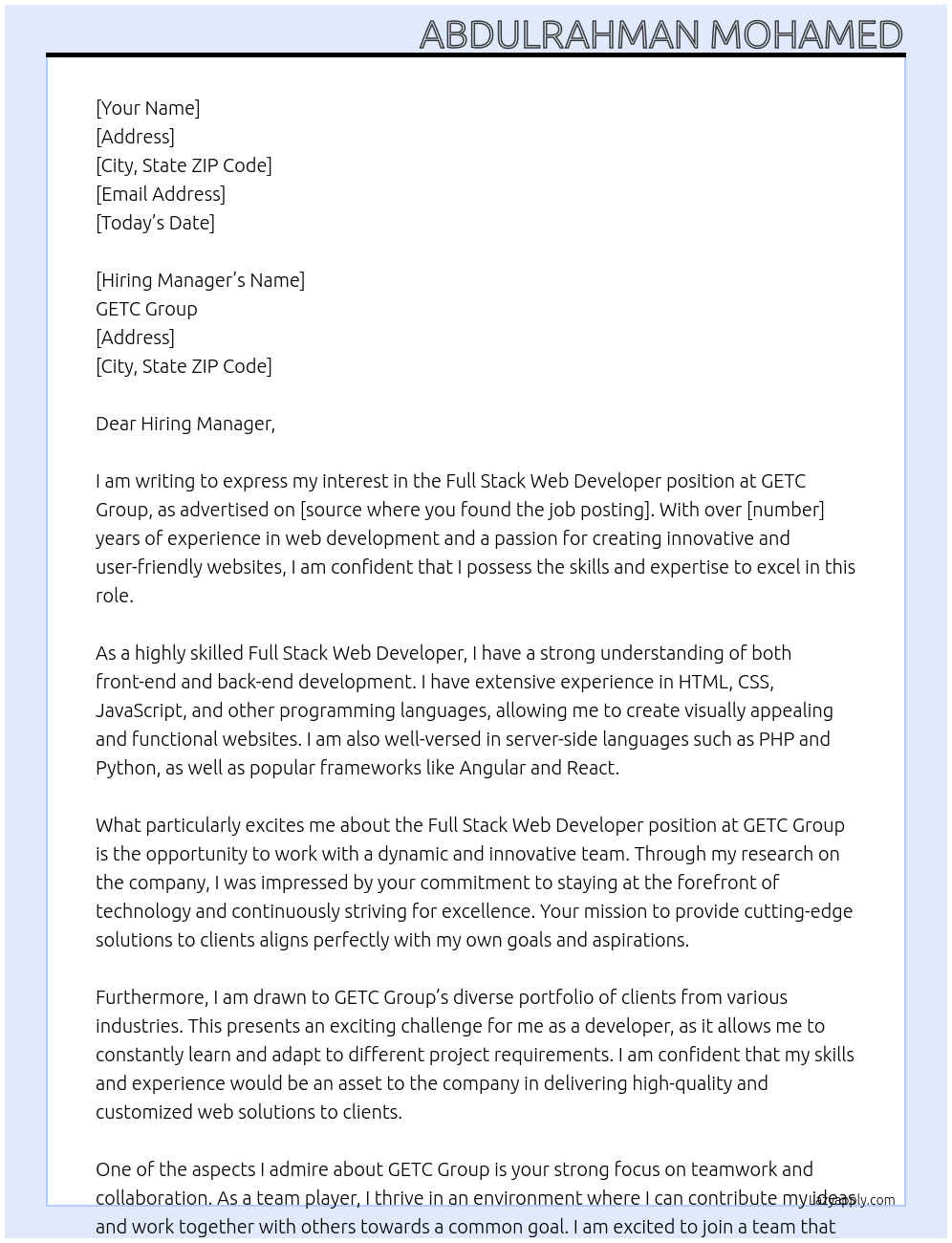 Full Stack Web Developer At GETC group Cover Letter