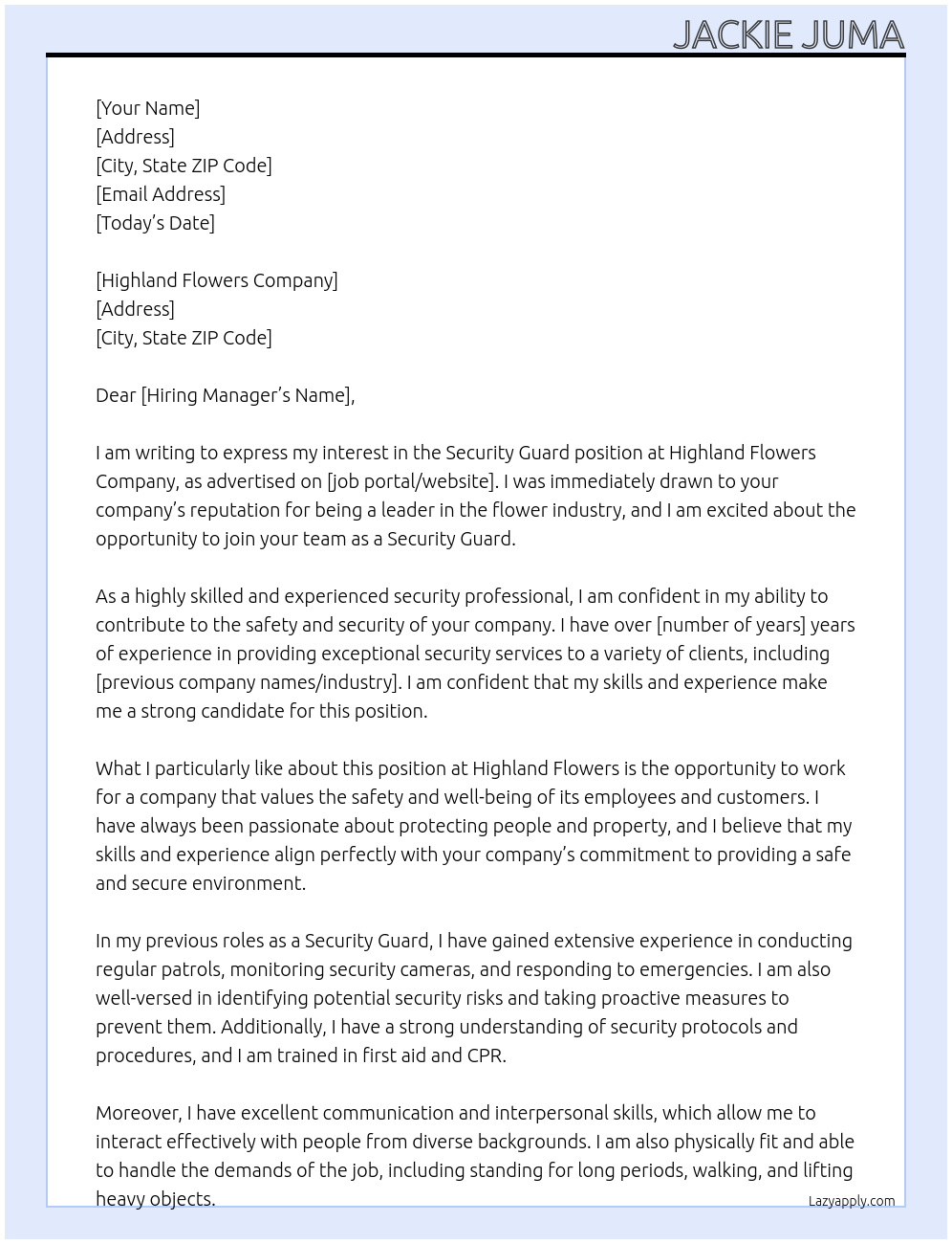 Security guard At Highland flowers company Cover Letter