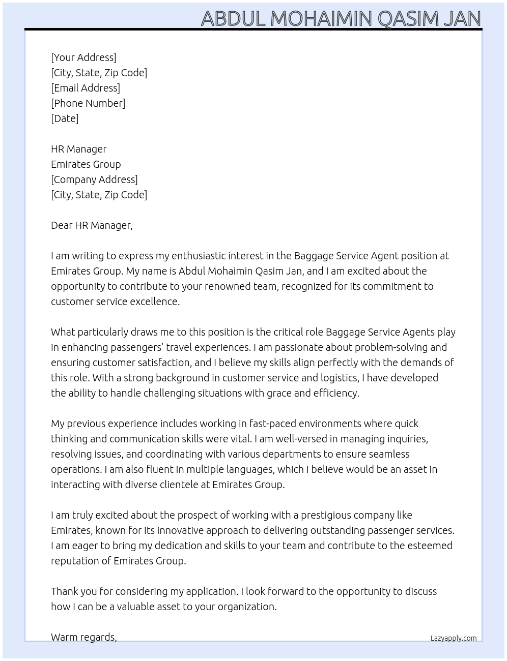 Baggage Service Agent At Emirates Group  Cover Letter