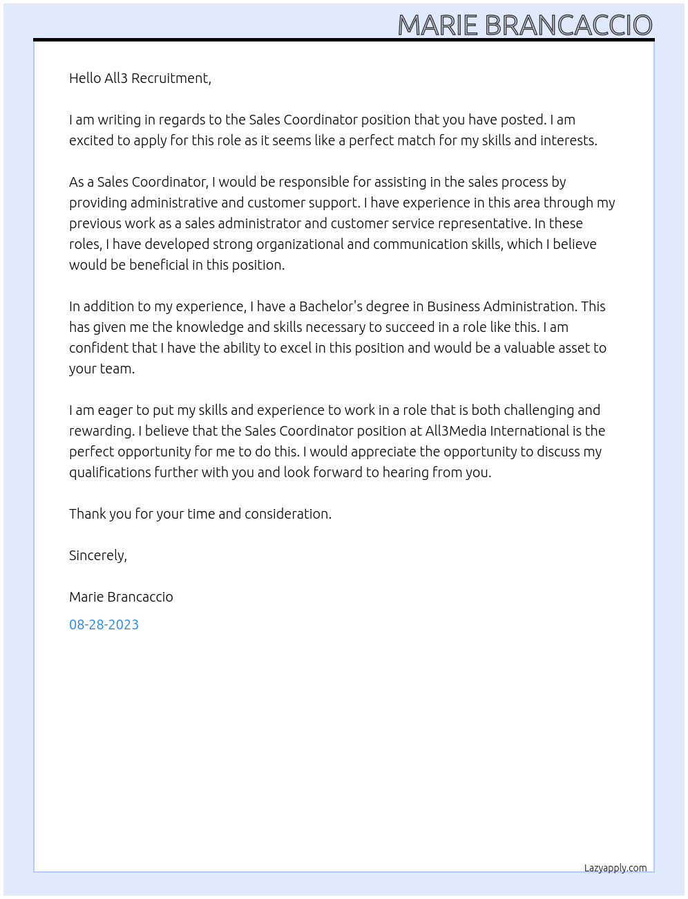 Sales Coordinator  At All3Media International Cover Letter