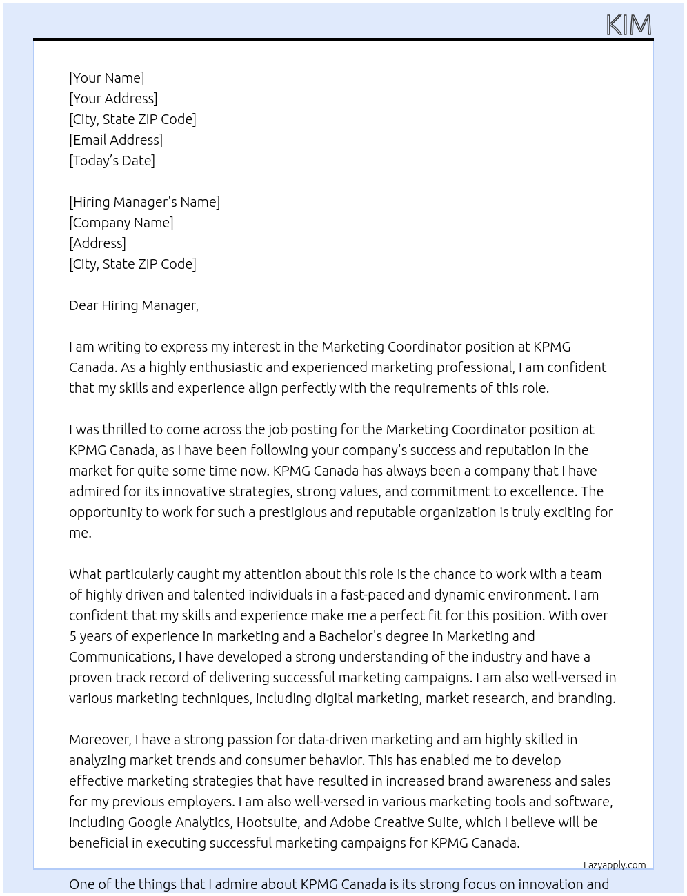 Marketing Coordinator At KPMG Canada Cover Letter
