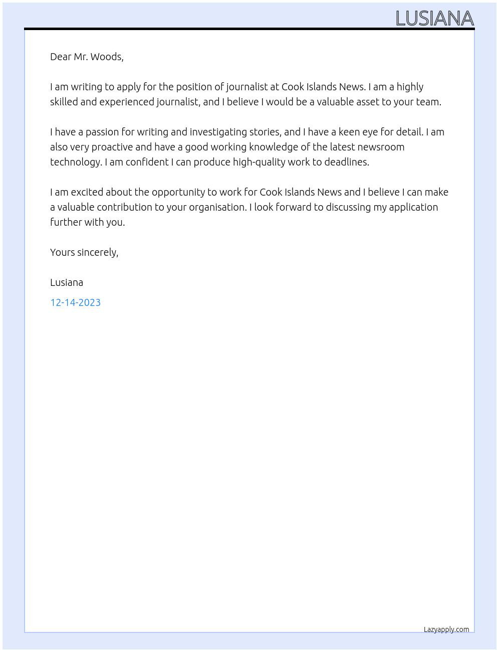 Journalist At Cook Islands News Cover Letter