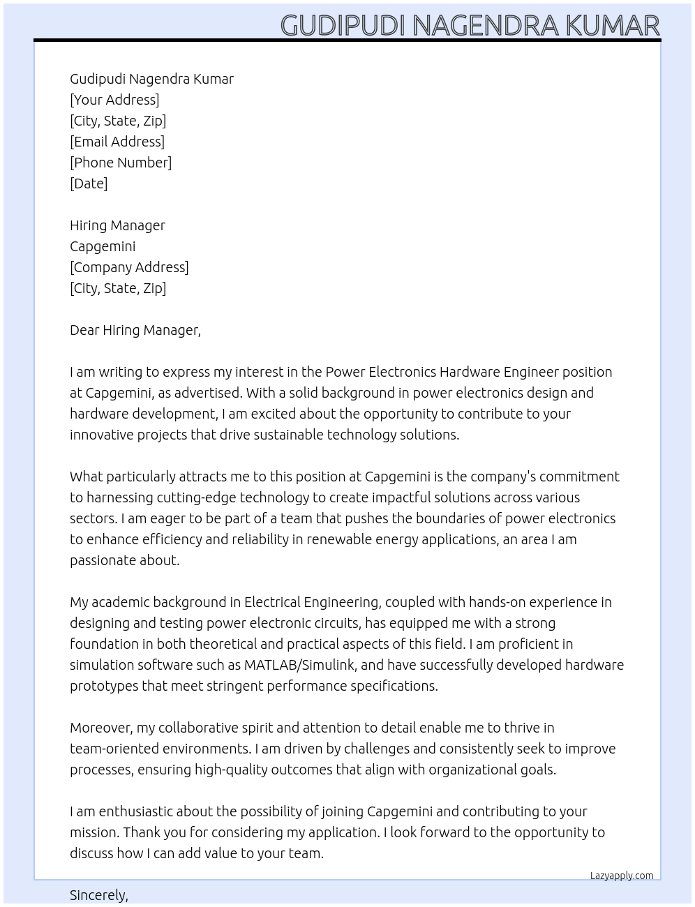power electronics hardware engineer At capgemini Cover Letter
