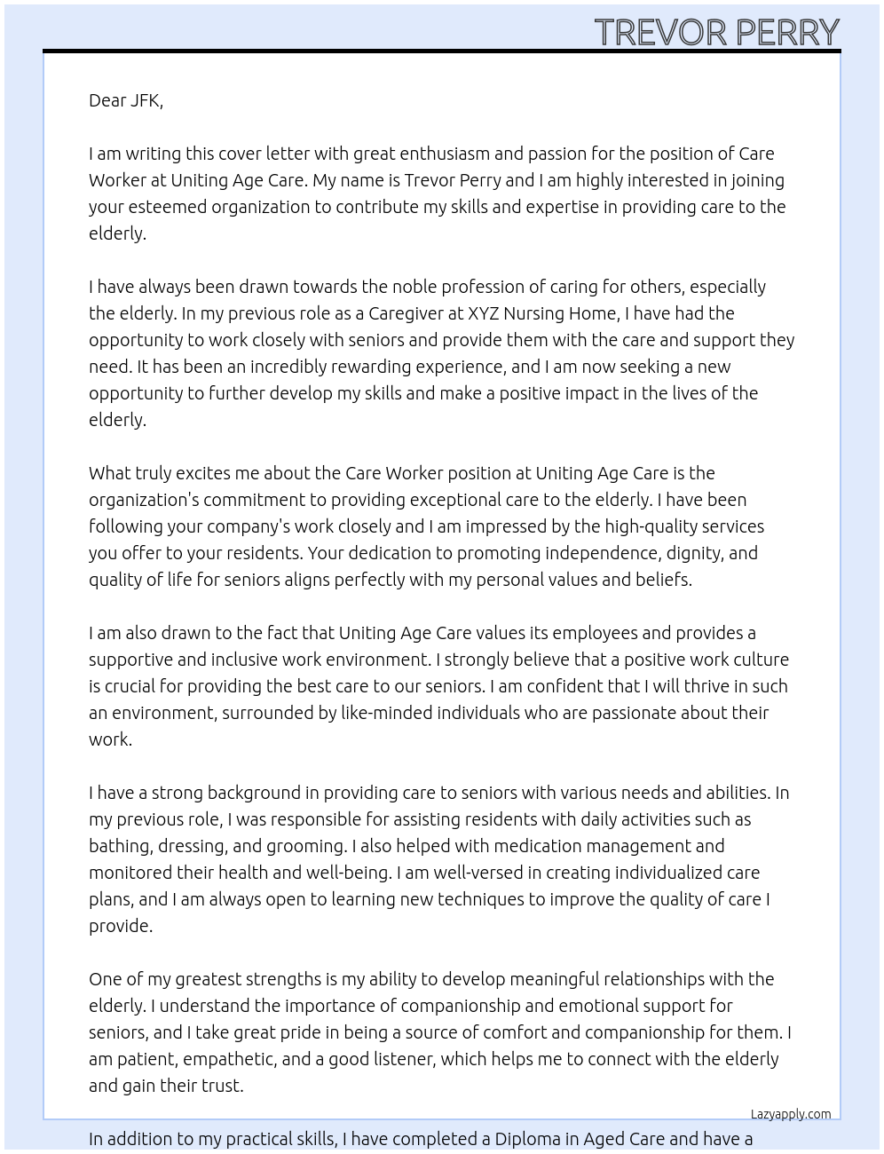 Care Worker At Uniting Age Care Cover Letter