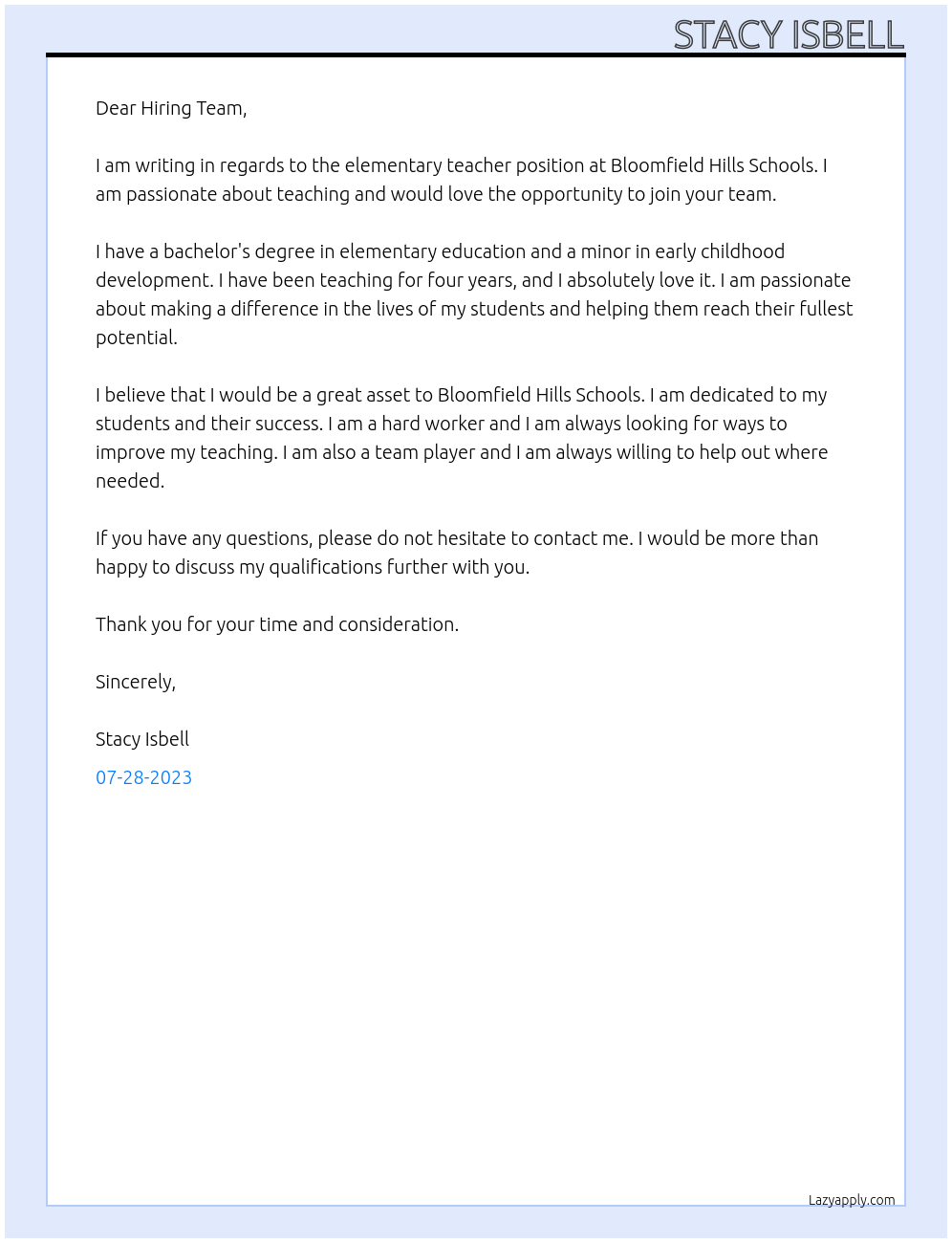 elementary teacher At Bloomfield Hills Schools Cover Letter