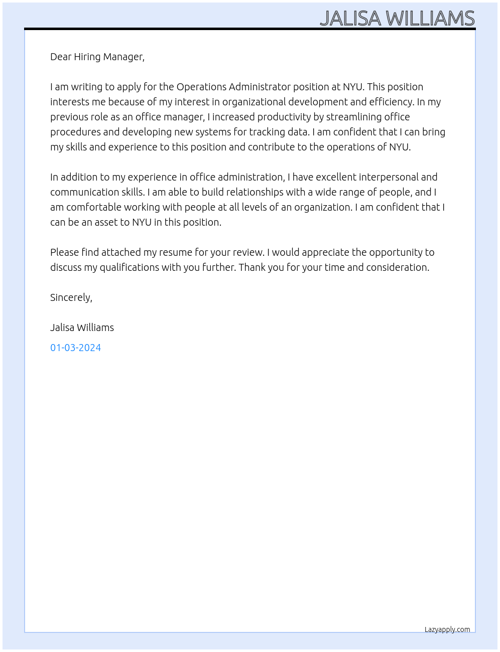 Operations Administrator At NYU Cover Letter