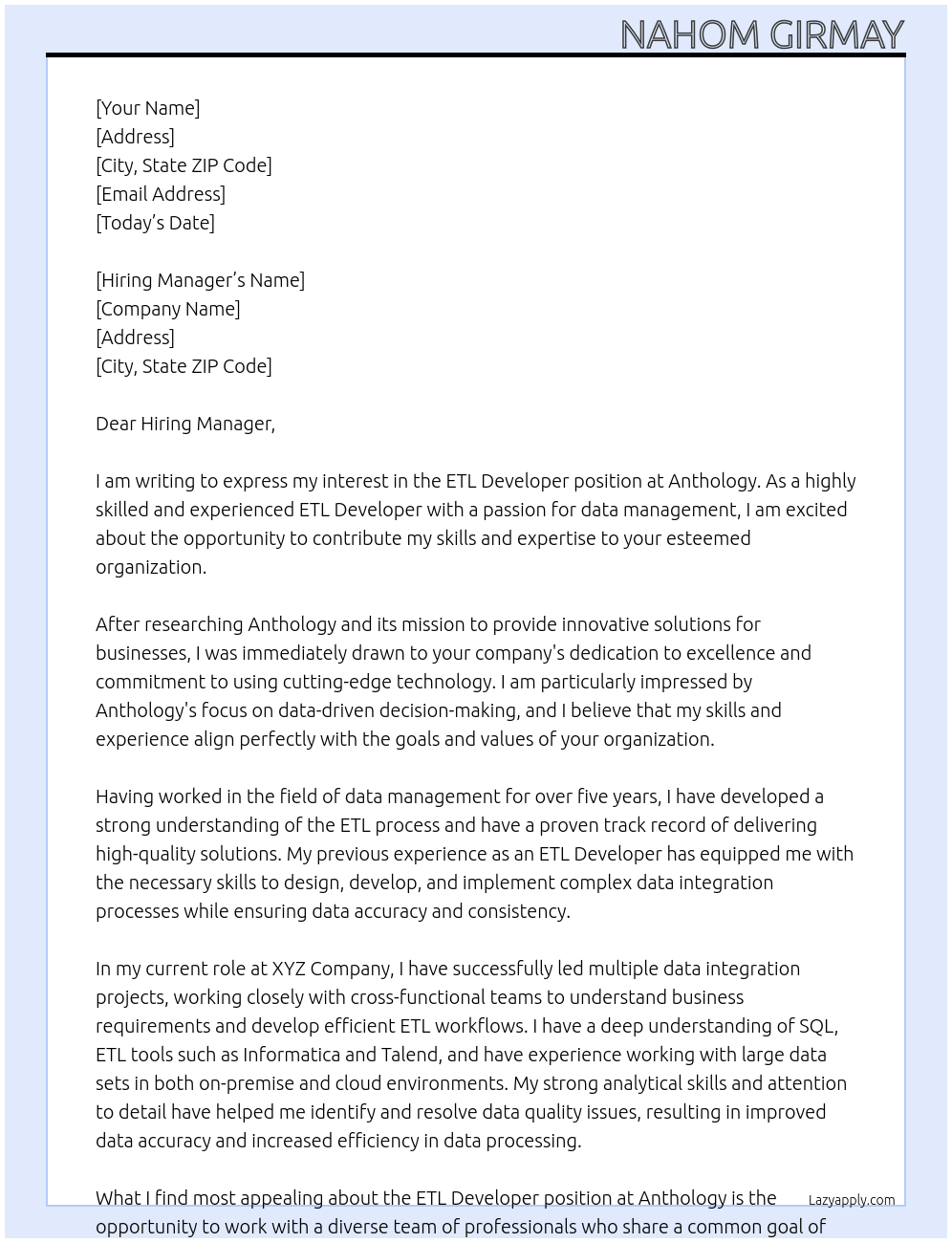 ETL Developer At Anthology Cover Letter