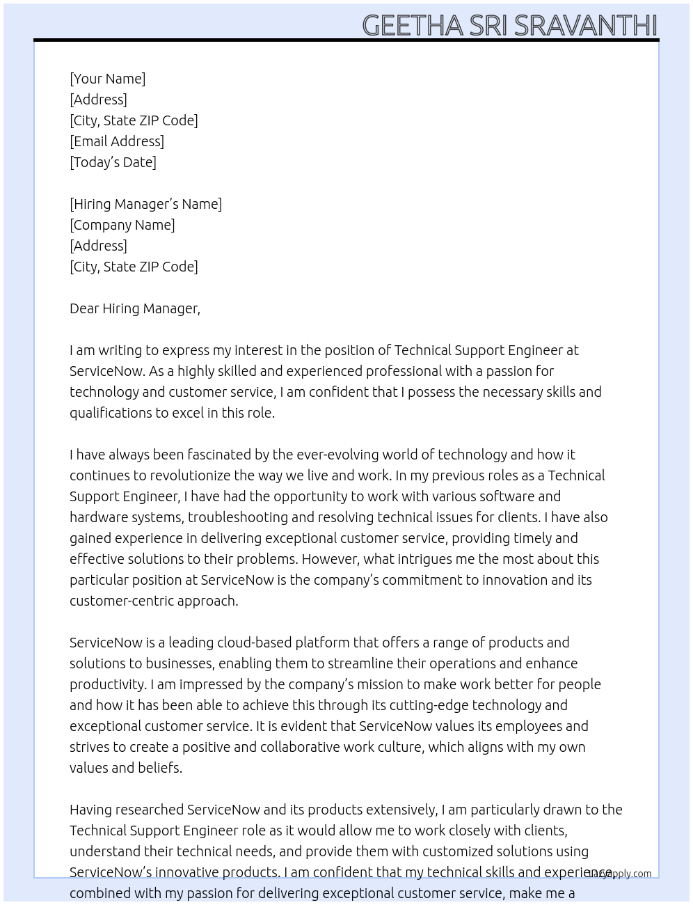 Technical support engineer At servicenow Cover Letter