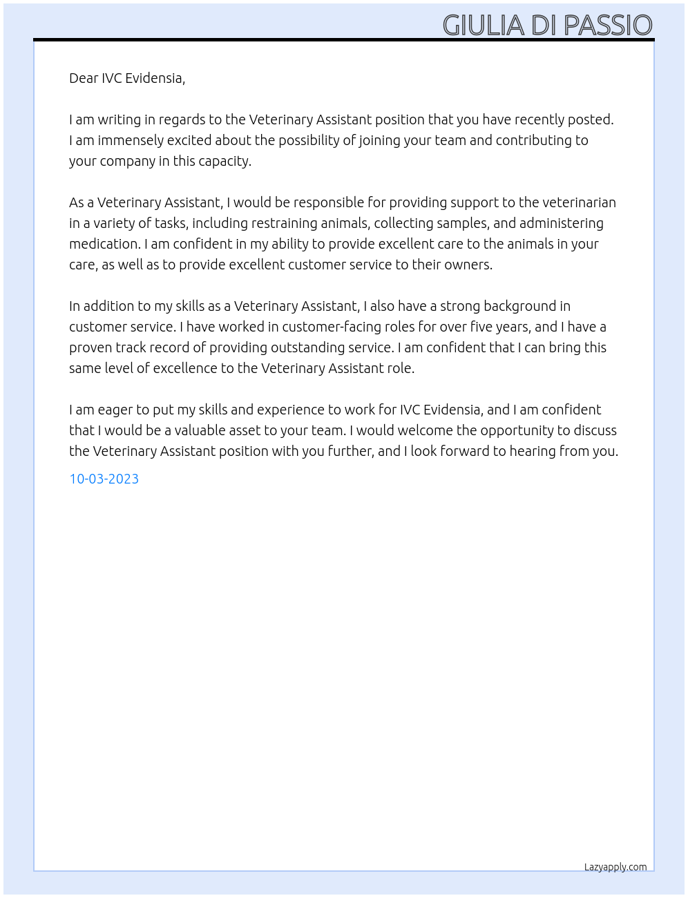 Veterinary Assistant At IVC Evidensia Cover Letter