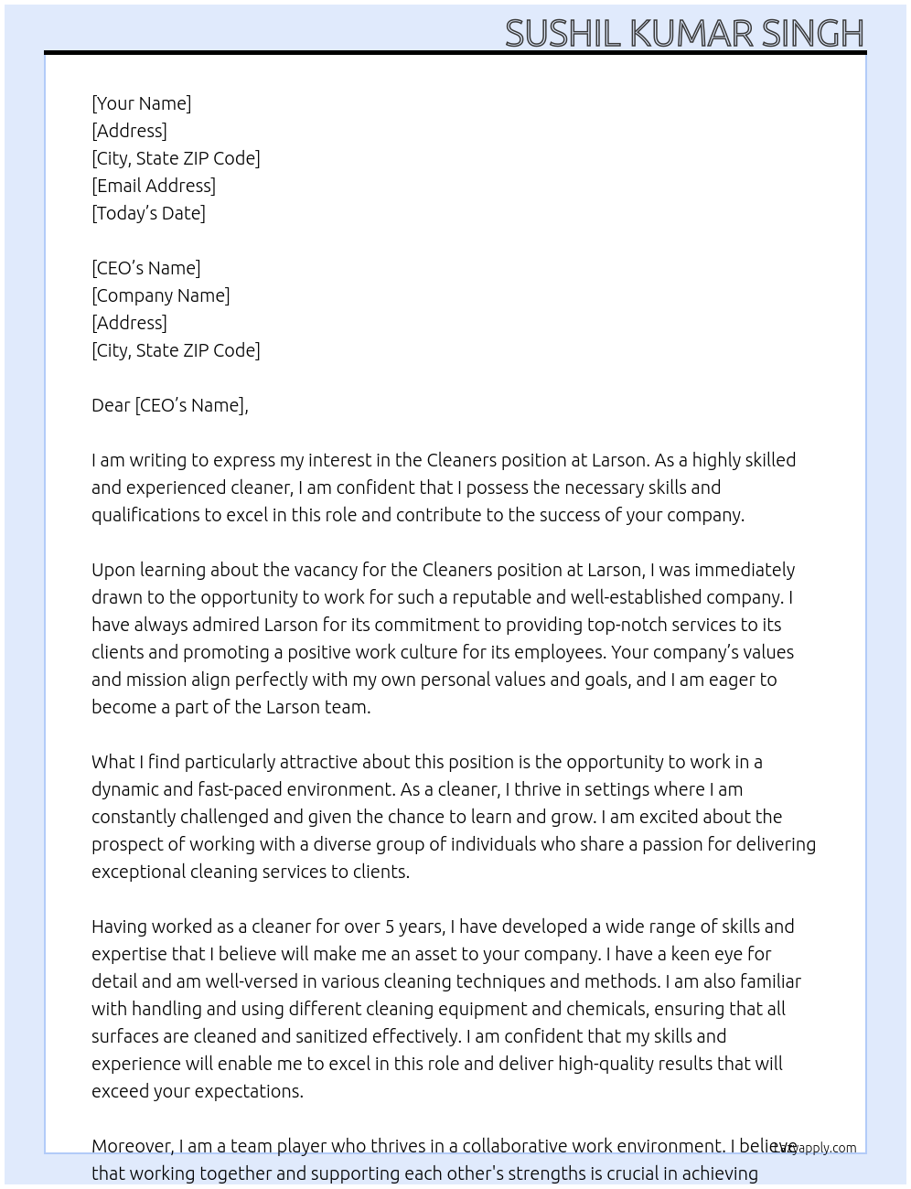 Cleaners  At Larson  Cover Letter